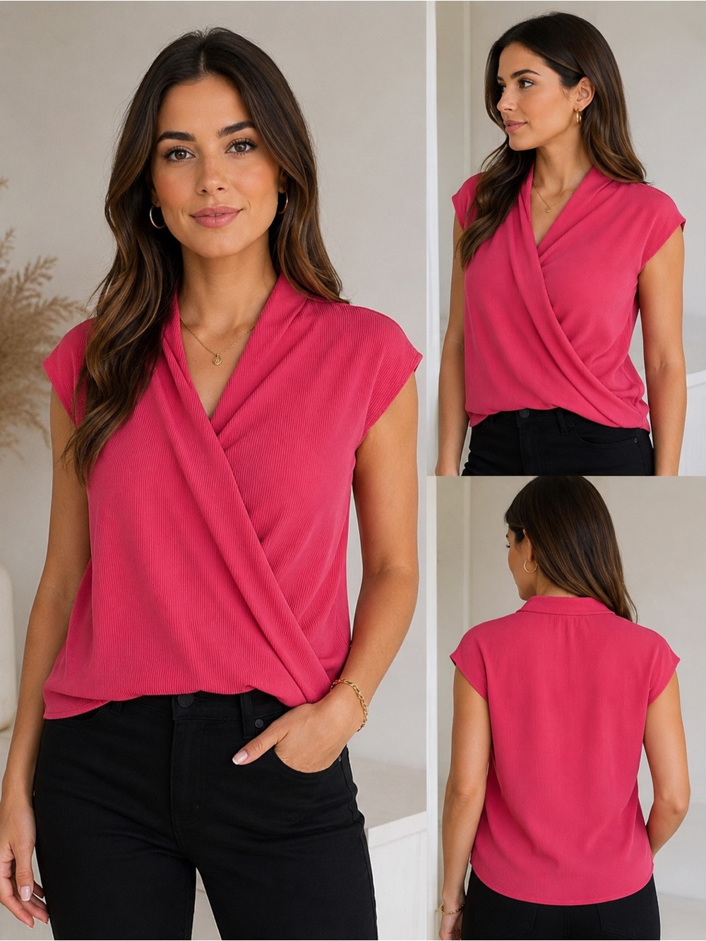 Rachel Draped V-Neck Cap Sleeve Top - Raspberry